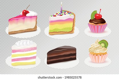 Cake cheesecake pieces and cupcakes realistic set with kiwi cherry vanilla extracts chocolate frosting transparent vector illustration 