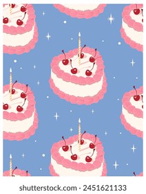 Cake with cherries and a candle. Festive seamless pattern. Seamless festive and cute pattern. Birthday cake with cherries on a blue background. Modern poster, textile. Vector pattern with cakes