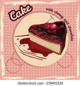 Cake with cherries and chocolate, poster, vector illustration
