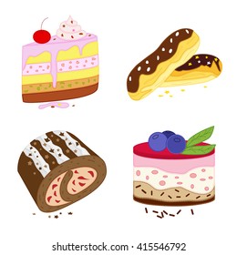 Cake with cherries and cream. Chocolate roll. Cake with jelly and blueberries. Eclairs. A collection of desserts vector. Cake patchwork