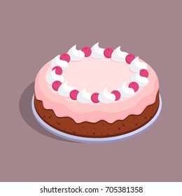 cake with cherries and cream.isometric vector illustration isolated from background. vector cake for celebrations and anniversaries