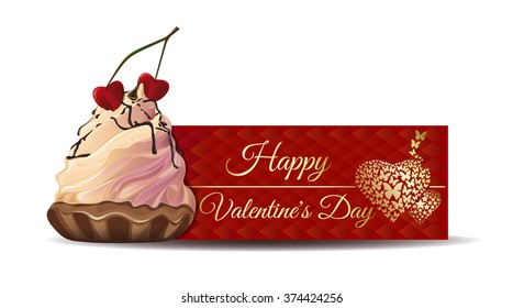 Cake with cherries heart shaped on the background of a greeting card. Gold greeting inscription on an abstract red background. Happy Valentine's Day. Vector banner Valentine's Day.