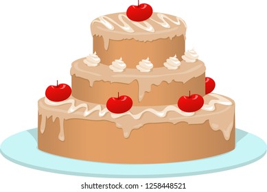 Cake with cherries on a plate. Vector.