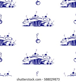 Cake, cherries and strawberries pattern in sketch style