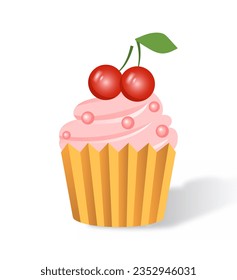 Pastel con cereza para el concepto de cumpleaños. Productos dulces y dulces. Postre y delicadeza. Afiche o cartel para el sitio web. Ilustración vectorial isométrica de caricatura aislada en fondo blanco