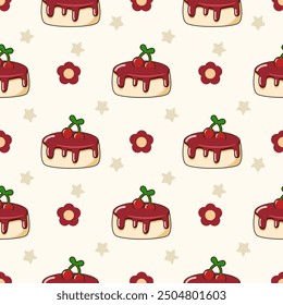 Cake cherry cartoon so cute. On flower star background. Pattern seamless vector illustration. 

