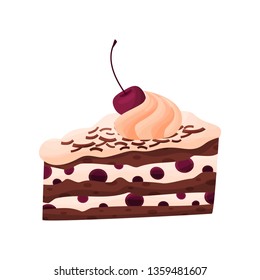 Cake with cherry and custard on white background.