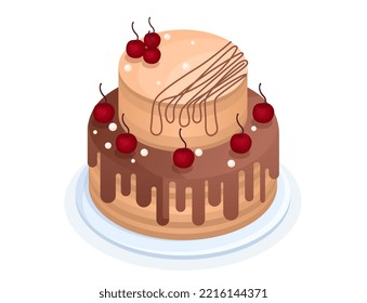 Cake with cherry. Dessert and delicacy, sweetness and sugar, bakery product. Poster or banner for website, sticker for social networks and instant messengers. Cartoon isometric vector illustration