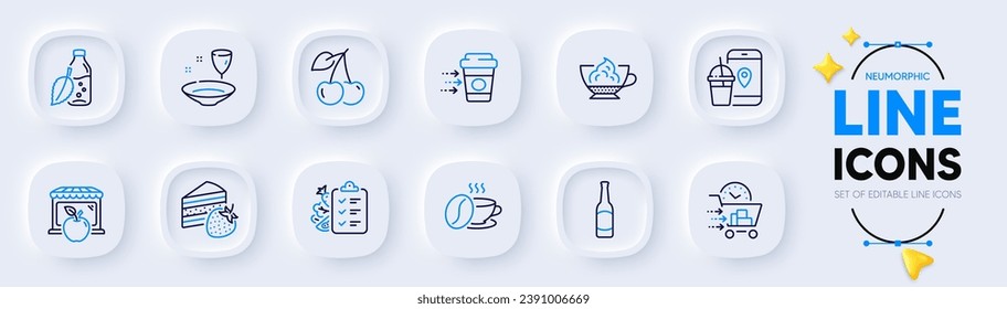 Cake, Cherry and Food app line icons for web app. Pack of Food delivery, Market, Espresso cream pictogram icons. Coffee delivery, Plate, Water bottle signs. Diet menu, Coffee cup, Beer. Pastry. Vector