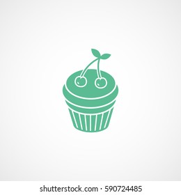 Cake With Cherry Green Flat Icon On White Background