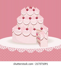 Cake with cherry. Greeting card with sweet wedding cake. Retro style. Colorful vector illustration.