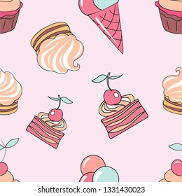 Cake with cherry, ice cream.  Seamless pattern. Vector image.