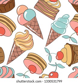 Cake with cherry, ice cream. Sweets for children. Seamless pattern. Vector image.