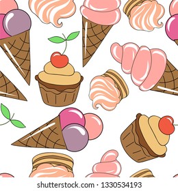 Cake with cherry, ice cream. Sweets for children. Seamless pattern. Vector image.