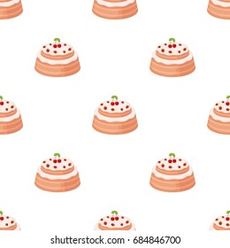 Cake with cherry icon in cartoon style isolated on white background. Cakes symbol stock vector illustration.
