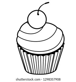 Cake, Cherry icon. Line art. White background. Social media icon. Business concept. Sign, symbol, web element. Tattoo template. Website pictogram.