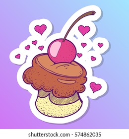 Cake with cherry icon on a light purple background. Sweets style pastel goth.