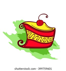 Cake with cherry. Isolated on white background. Vector illustration. Baking logo design template