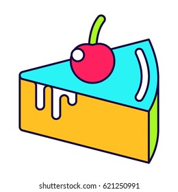 Cake with cherry lines icon. Fashion patch, pin badges set inspried by 80s - 90s comic style. Flat vector cartoon illustration. Objects isolated on a white background.