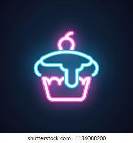 Cake with cherry neon icon. Confection party symbol. Bright illuminated signs for cafe, restaurant, bistro, invitations cards, thematic sites and apps. Sweet dessert logo. Festive pie.