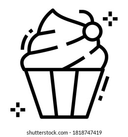 Cake with a cherry on it, cupcake icon in line design.
