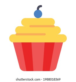 Cake with cherry on it, cupcake icon in flat design.