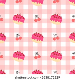 Cake Cherry on pink checkered background, fabric pattern, gift wrapping paper , seamless pattern 