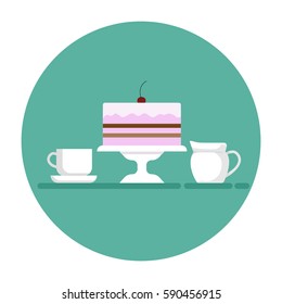Cake with cherry on the top on the plate with cup of tea and porcelain milk pot flat vector illustration