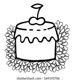 Cake with cherry in ornate frame. Can be used for card, invitation, posters, texture backgrounds, placards, banners.