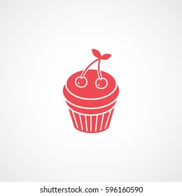 Cake With Cherry Red Flat Icon On White Background
