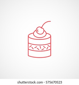 Cake With Cherry Red Line Icon On White Background
