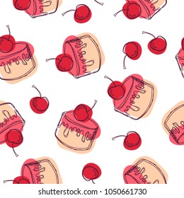 Cake with cherry seamless pattern. Cake sweet dessert for holiday. Vector illustration