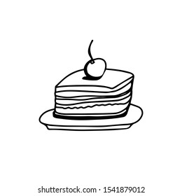 Cake with a cherry square slice on the plate doodle outline. Black and white cake isolated vector illustration. Artwork for design menu restaurant, print on the wall to the kitchen, t shirt.