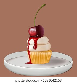 Cake with cherry topping in red. Illustration of a cake on a plate with a brown background