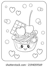 Cake with chocolate. Cheerful vector illustration.Kawaii. Black and white image.
