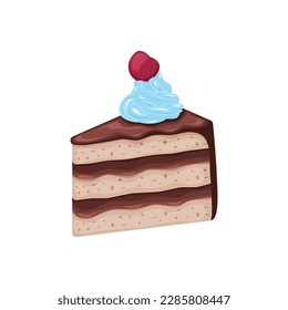 Cake. Chocolate cake with cherries and blue cream. Cherry-chocolate cake. Sweet dessert. Vector illustration isolated on a white background
