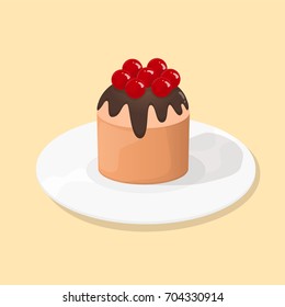 Cake with chocolate and cherry, flat style