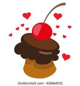 Cake with chocolate cherry. Sweets, desserts color illustration.