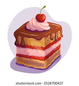 Cake with chocolate, cream and cherry on white background. Vector illustration.