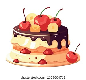 cake with chocolate cream and fresh strawberry decoration icon isolated