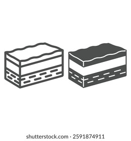 Cake with chocolate cream layer line and solid icon, sweets pastry concept. Vector graphics. Sweet cupcake slice piece, bakery sign on white background, outline style icon for mobile or web design