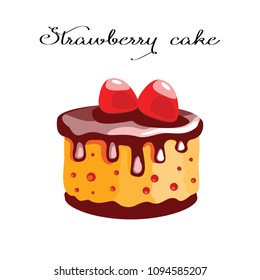 Cake with chocolate cream and strawberries. Dessert for a menu of restaurants and cafes on a brown background. Vector illustration.

