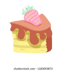 Cake with chocolate cream and strawberry. Vector illustration isolated on white background.