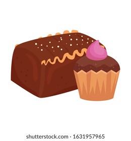 cake chocolate with cupcake isolated icon vector illustration design