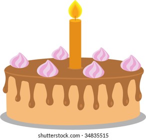 Cake with chocolate glaze and a candle.  Isolated Vector Illustration.