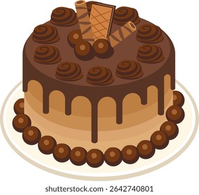 Cake chocolate slice with topping chocolate and wafer eps 