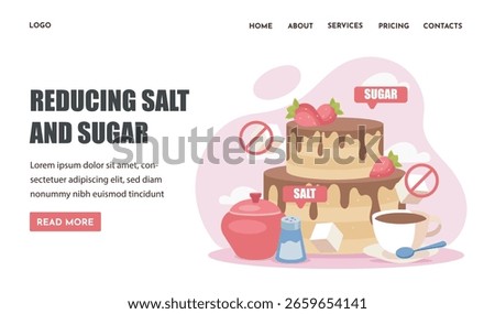 Cake with chocolate, strawberries, sugar cubes, salt shaker, and tea cup on pink background, promoting health awareness by reducing salt and sugar. Vector illustration