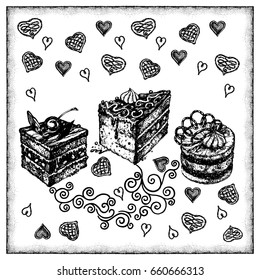 Cake chocolate sweets heart bakery menu vector illustration hand draw monochrome black outline white background