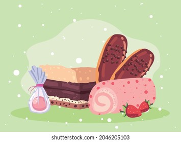 cake with chocolates and roll of sweet food theme