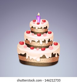 Cake with chokolate and cream, burning candle